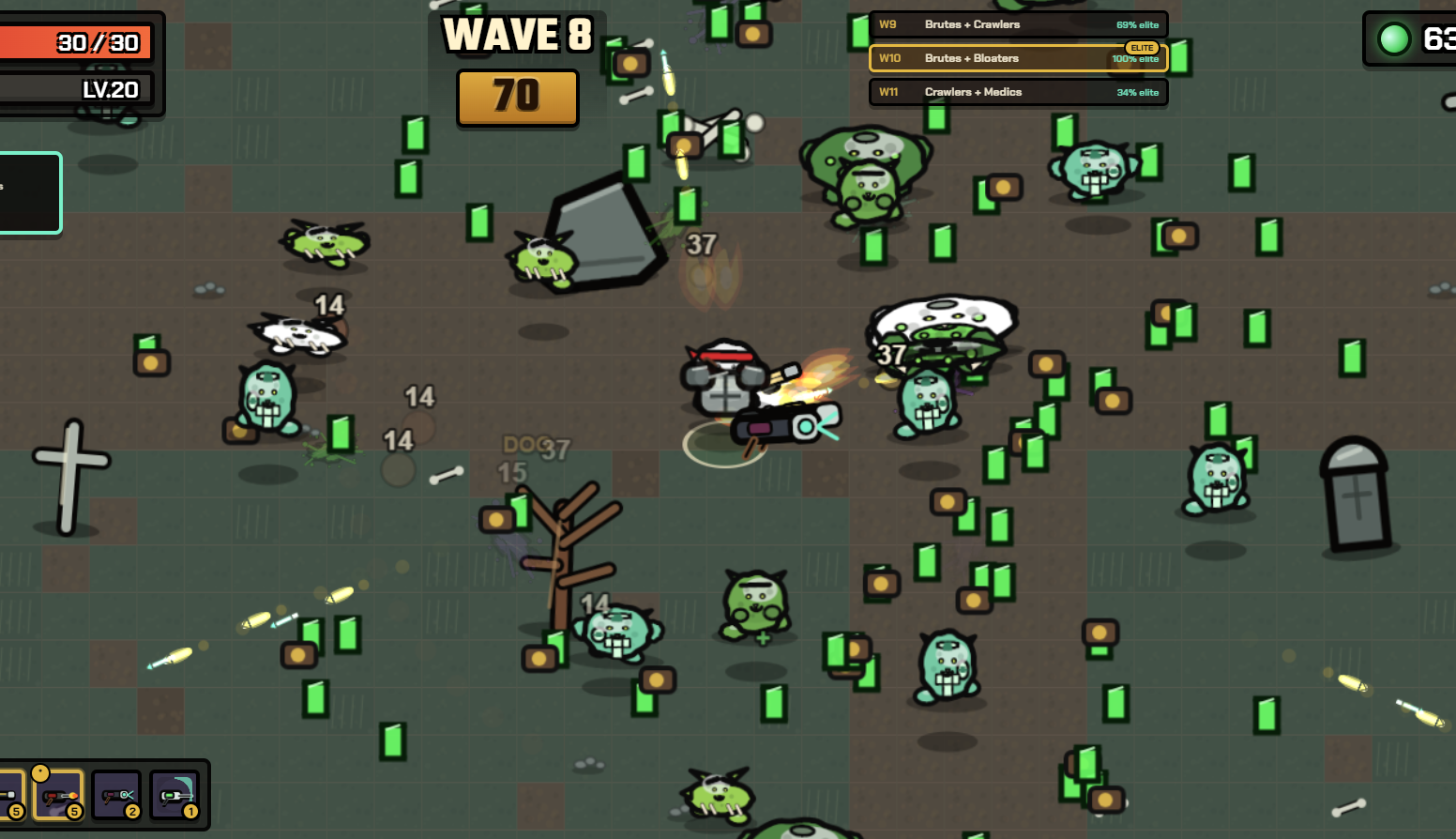 Chip McFry gameplay with enemies, pickups, and bullets in a hand-drawn arena.