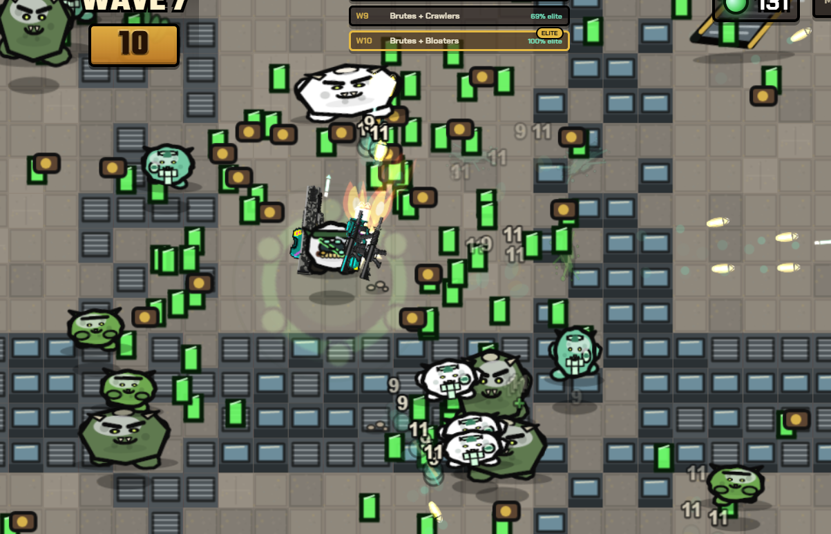 Wave gameplay with enemies, green pickups, bullets, and a lab tile map.